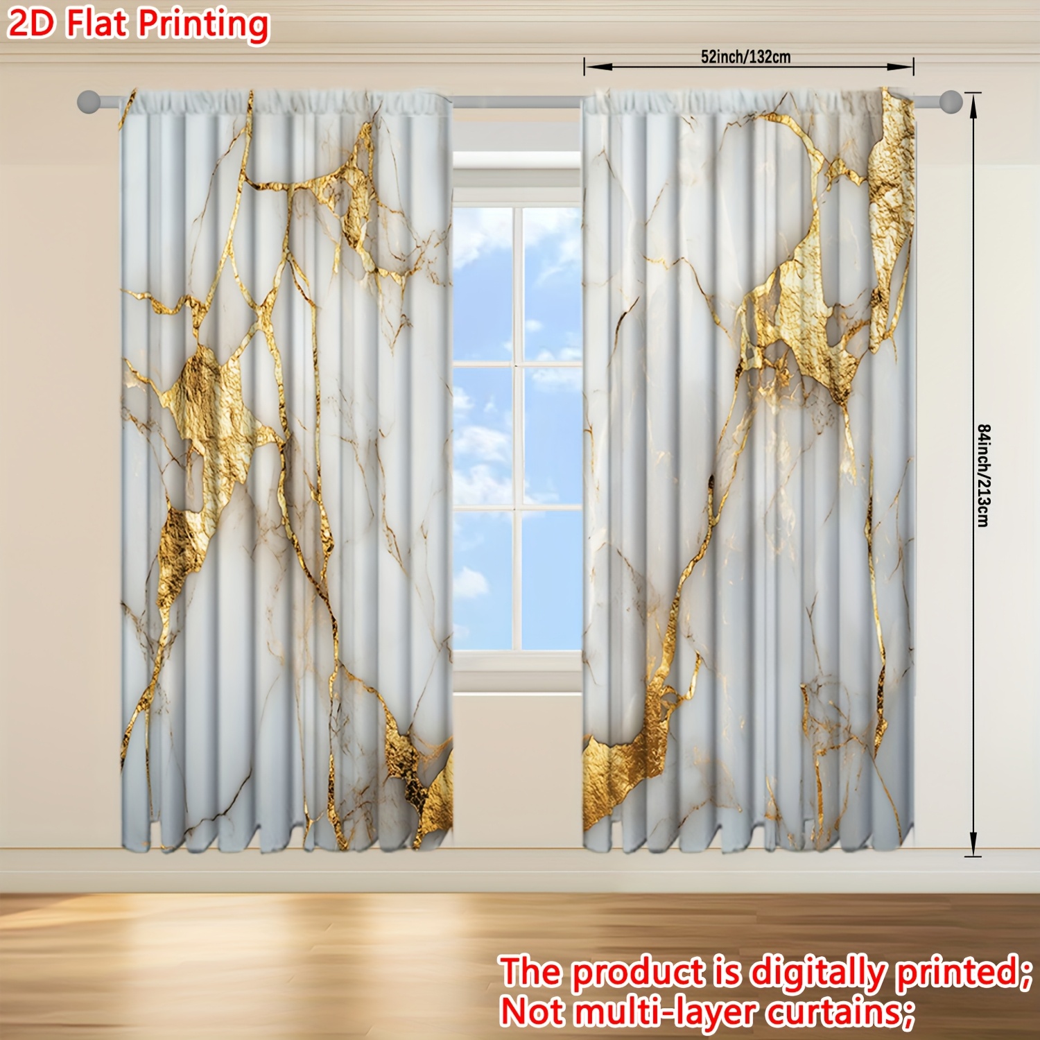 TEMU 2d Flat, 2d Flat Printing 2pcs Gilded Marble Texture Printed Curtain For Home Decor - Rod Pocket Window For Bedroom, Office, Kitchen, Living