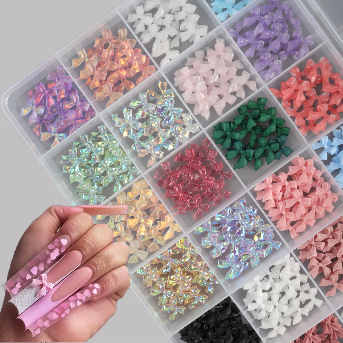 

24-grid Aurora Bow Nail Decoration Set - Resin Nail Accessories, Suitable For Hands, Feet And Nails Diy Nail Accessories, Fashionable Nail Art Decoration