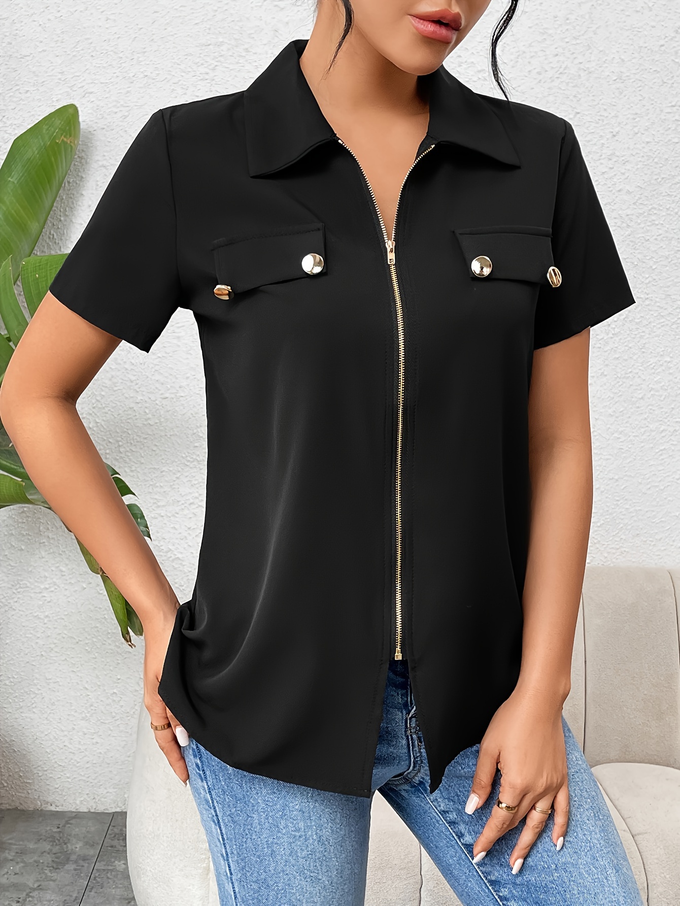 black short sleeve blouse with collar