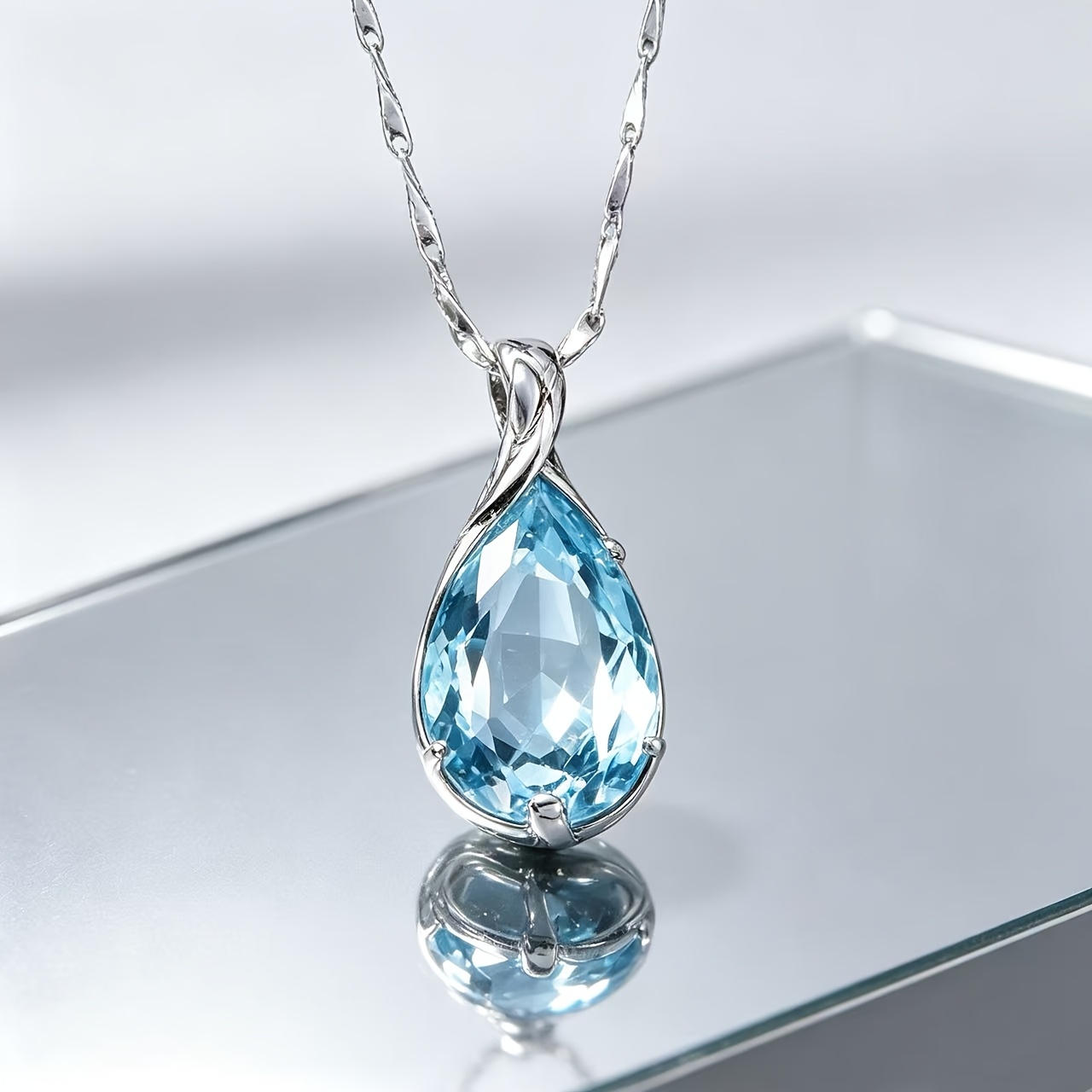 TEMU Elegant Blue Teardrop Pendant Necklace For Women, Fashion Crystal Choker