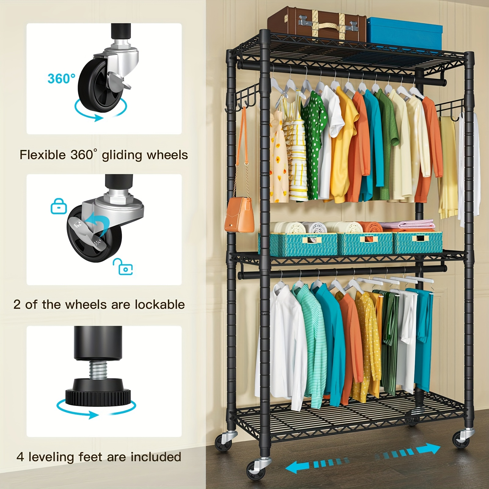 Garment Rack Heavy Duty Clothes Rack Rolling ,3 Tier Adjustable Wire ...