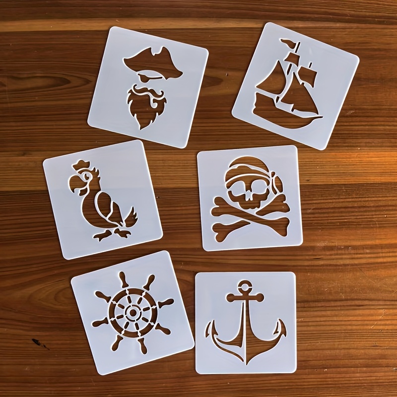 E-shop Set mit 6 Schablonen im Piraten-Stil zum Schichten, 9*9 cm, wiederverwendbare -Vorlagen für Holzbretter, Wandkunst, Scrapbooking, Ausmalen,