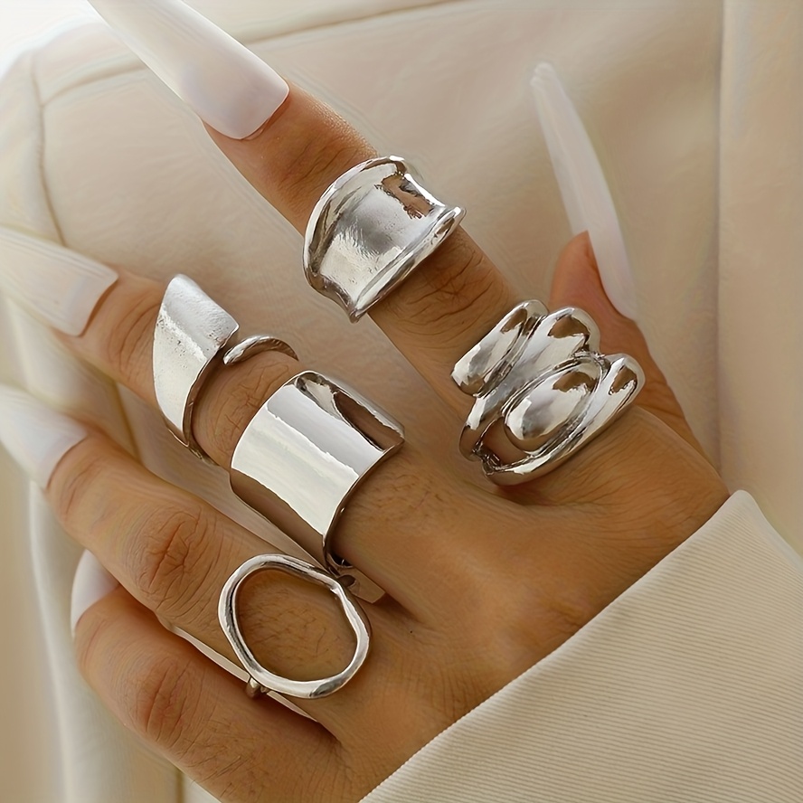 TEMU 5pcs Set Of Stylish, , Minimalist Geometric-shaped Metal Rings, Suitable For Women's Prom Parties, Gatherings, Banquets, And As A Gift For