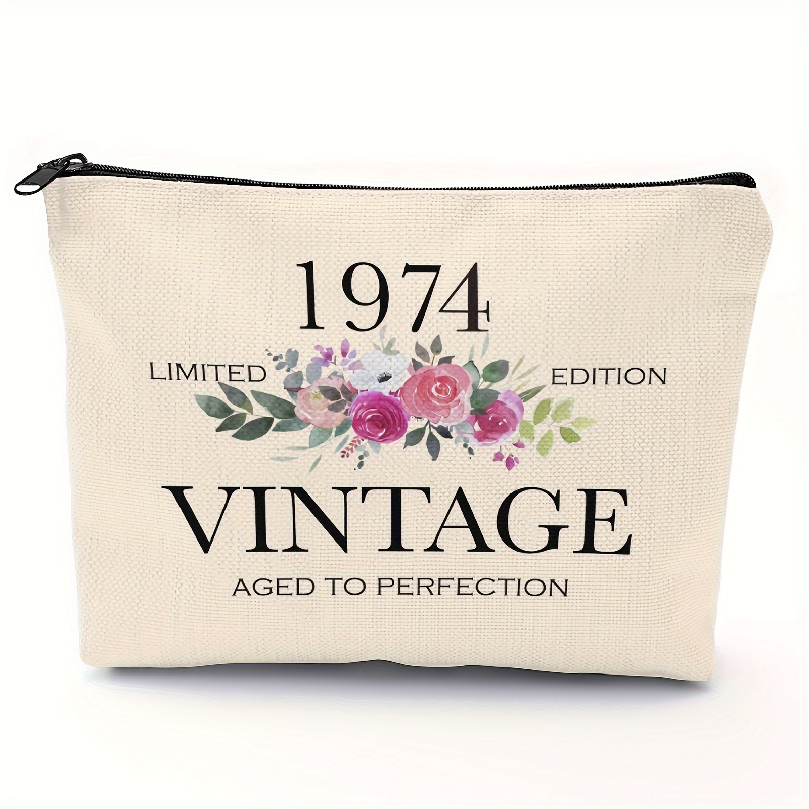 

1974 Vintage Aged To Perfection Cosmetic Bag For Women, Polyester Makeup Pouch, Non-waterproof, Unscented, Ideal 50th Birthday Gift For Her