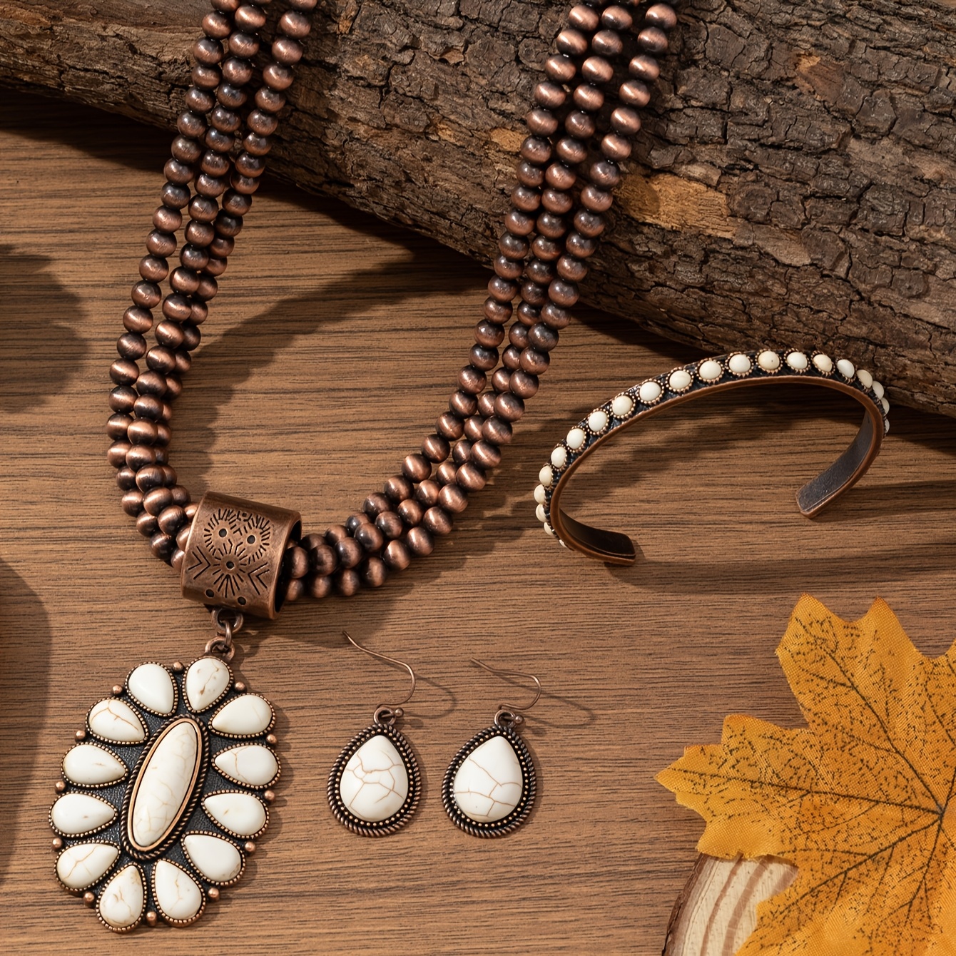 TEMU A Bohemian-style European And American Women's Vintage Fashion Set Featuring Hand-beaded Copper Pendants, Alloy, Antique Red Copper Finish, And