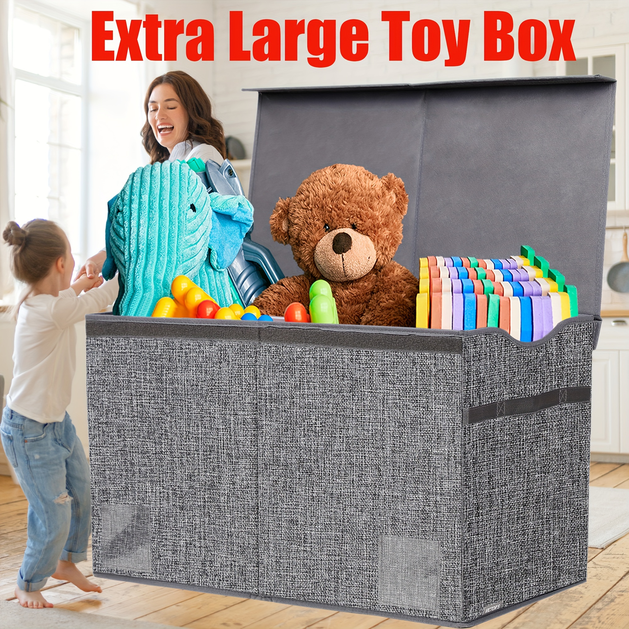 

120l Extra Large Toy Box, Collapsible Sturdy Kids For Boys, Girls, Kids, Toy Storage Organizer Toddler Storage Bins With Lids, Toy Box Basket For Living Room, Bedroom, Nursery