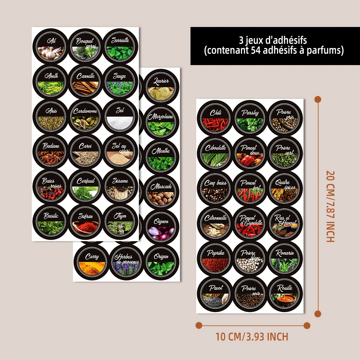 TEMU Autocollants d'épices , ensemble de 3 avec 54 autocollants, types d'épices complets, convient pour la décoration d'étiquettes de bouteilles