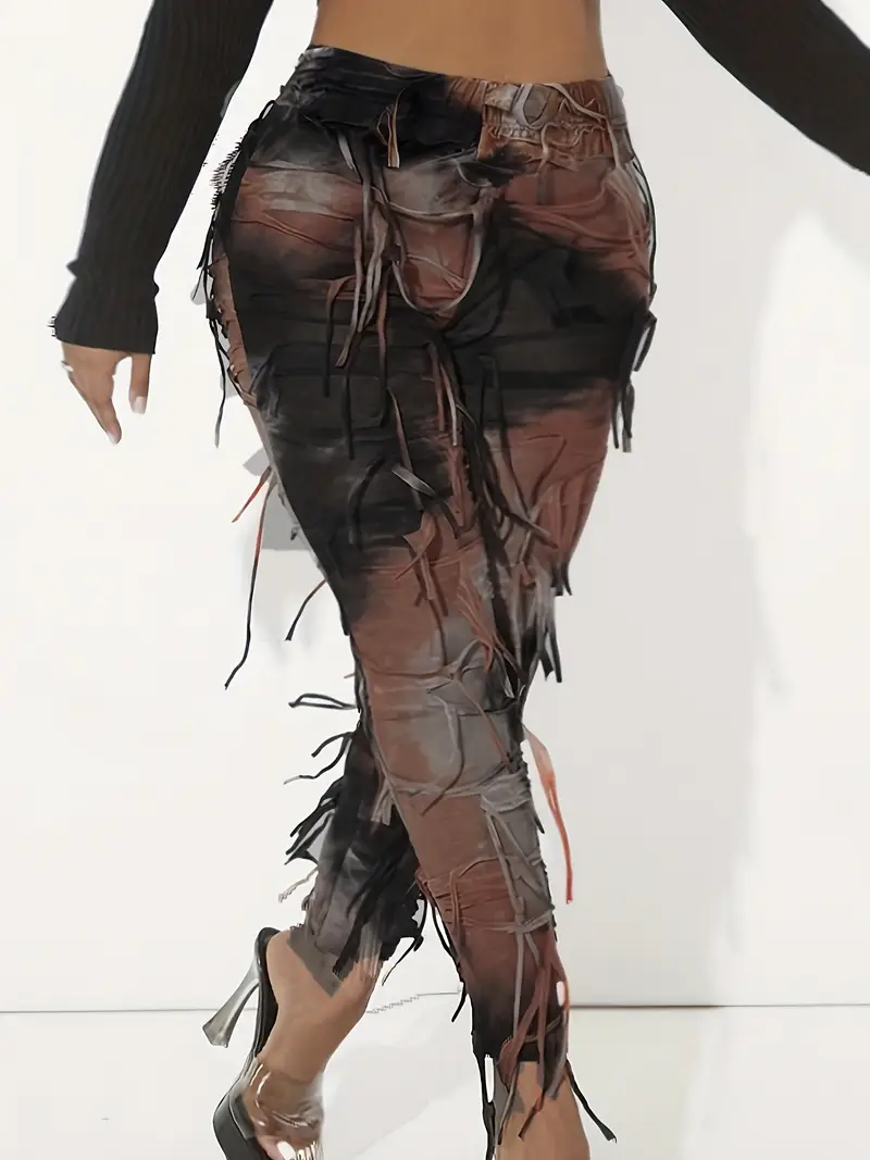 Plus Size, Women's High-Waisted Stretchy Semi-Sheer Striped Leggings with Fringe Hem African-Inspired Tribal Pattern Casual Pants, Han