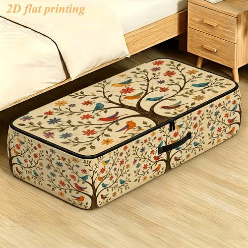 item picture 2d flat printing large capacity underbed storage box colorful birds and trees clothing organizer bag soft fabric dust proof and space saving for closet bed travel storage seasonal clothing and bedding storage box