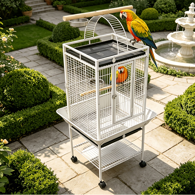 TEMU High-end Large Bird Cage/parrot Cage (three-door Design), Equipped With 2 Perches, 360Â° Universal Wheels, Food Bowls, Storage Rack And External