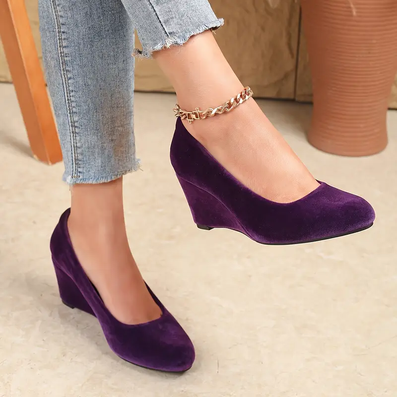 purple wedge dress shoes Women Round Toe Wedge Slop Heel Pump Shoes Party Purple Elegant Mary Janes Shoes