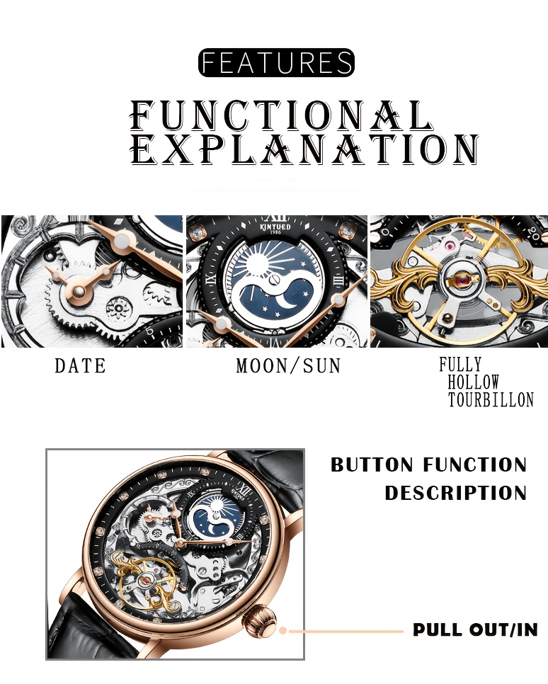 mens mechanical watch with moon phase display automatic date