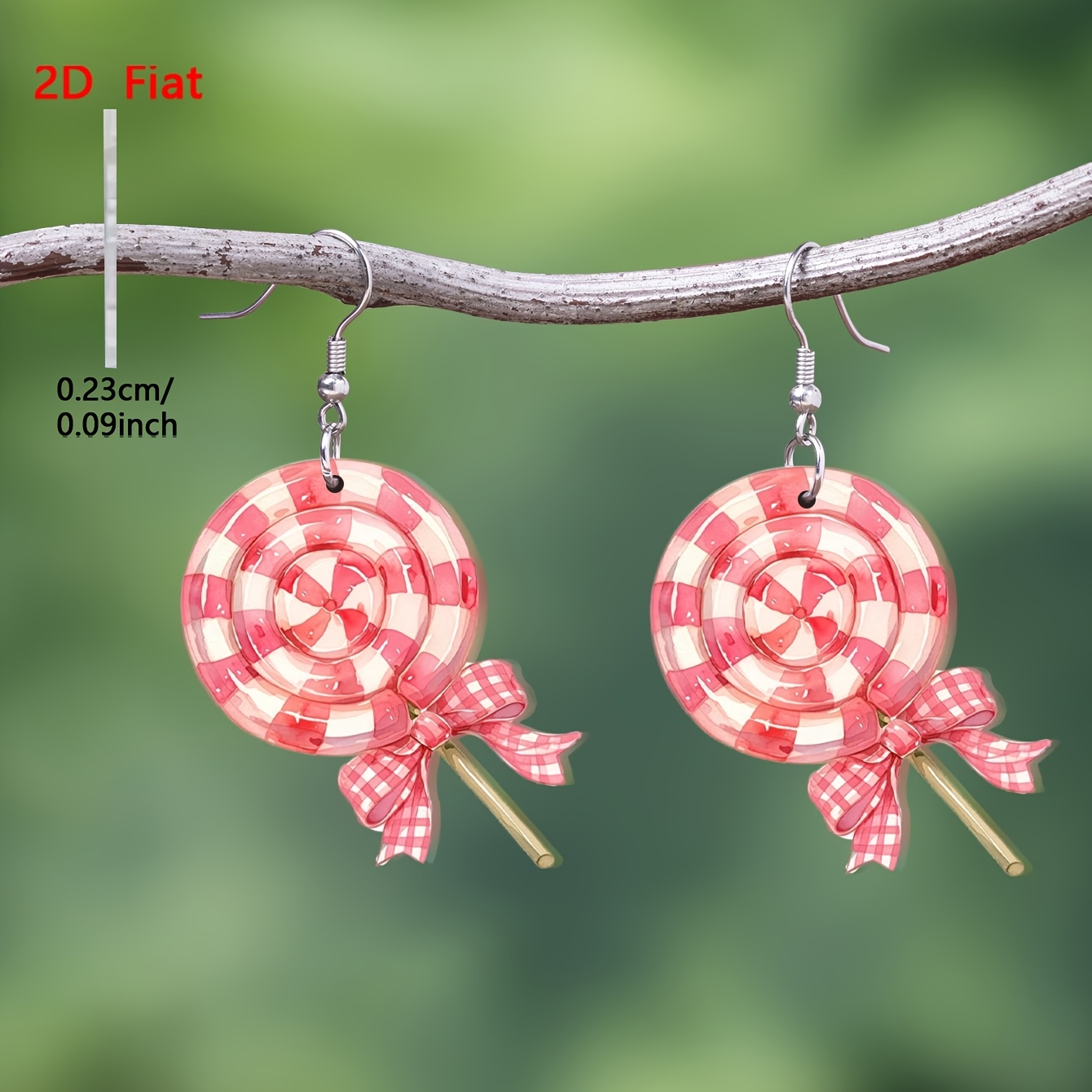 TEMU 2d Flat - 1 Pair 2d Flat Cartoon Cute Pink White Spiral Lollipop Checkered Bow Pattern Acrylic Pendant Earrings, Gentle Sweet Women' Vacation