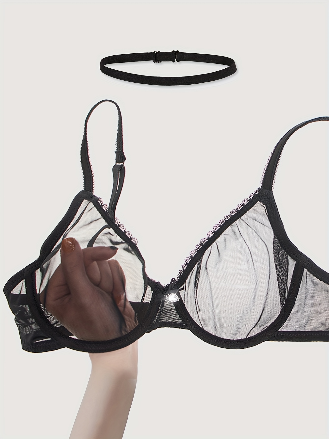 womens lace see through bra   transparent mesh underwire underwear no breast pads adult panties   lace design with pendant decoration