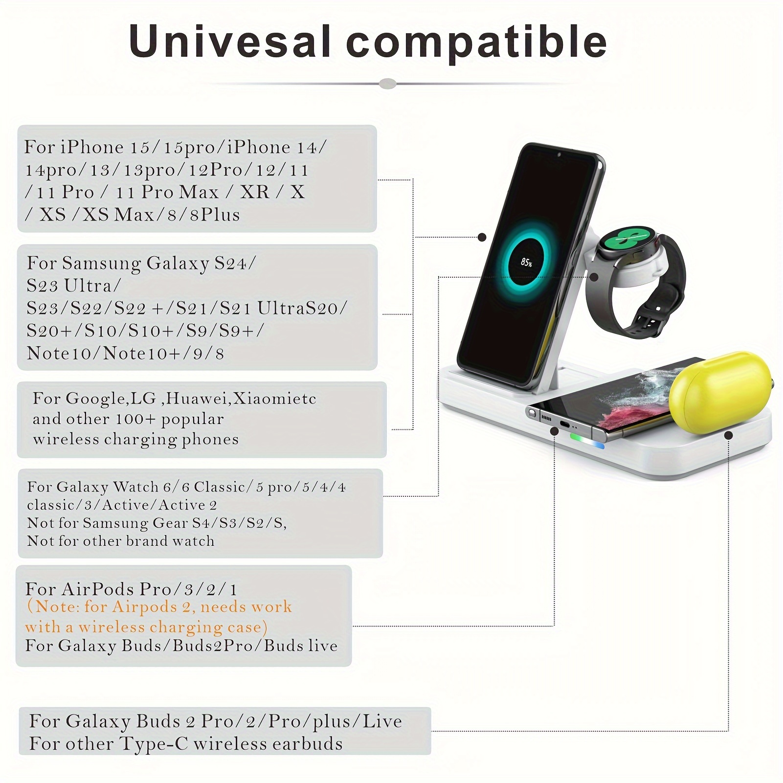 5in Wireless Charging station Dock Fast Wireless Charger Stand for  Phone multi devices for Galaxy S24/S23 Ultra/S22/S21/Note20/Z Fold 4/Galaxy 