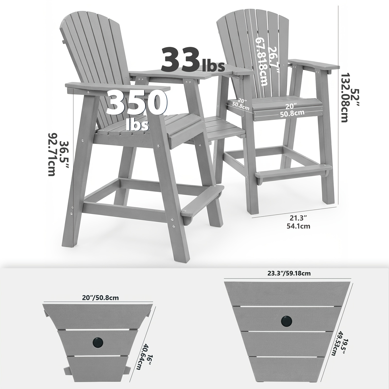 Embossed Balcony Chair, Tall Adirondack Chair Set Of 2 Outdoor Adirondack Barstools with Connecting Tray, High Airondack Chair with Wood Grain, Christmas & Halloween