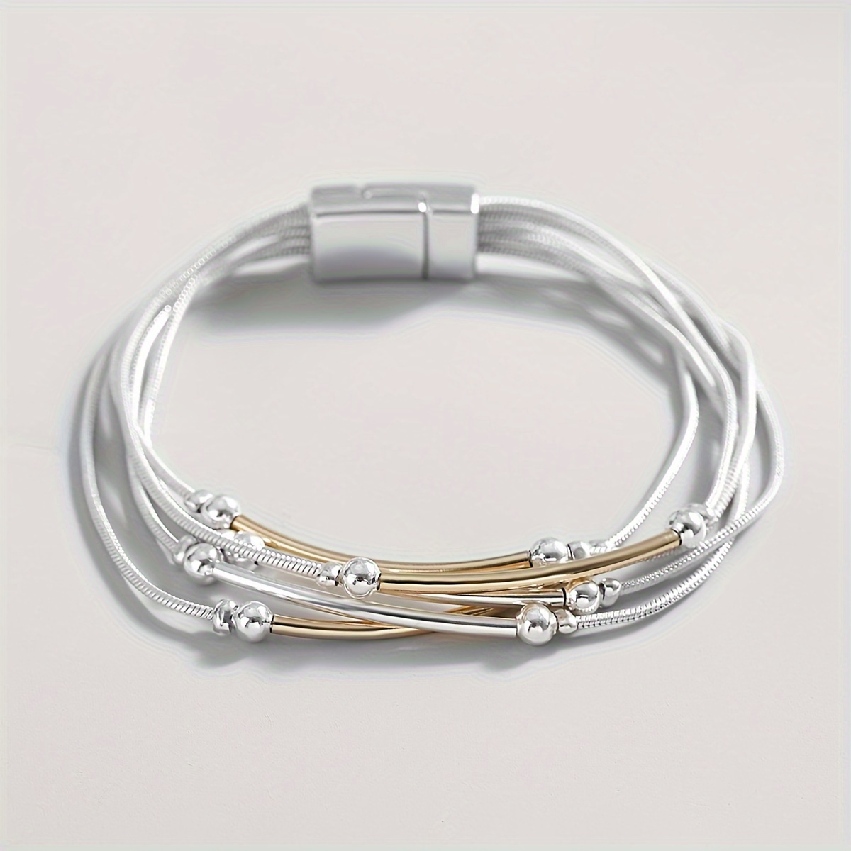 

Fashionable Multi-layer Silvery Chain Bracelet With Two-color Round Tube Beads, A Jewelry Gift For Parties.