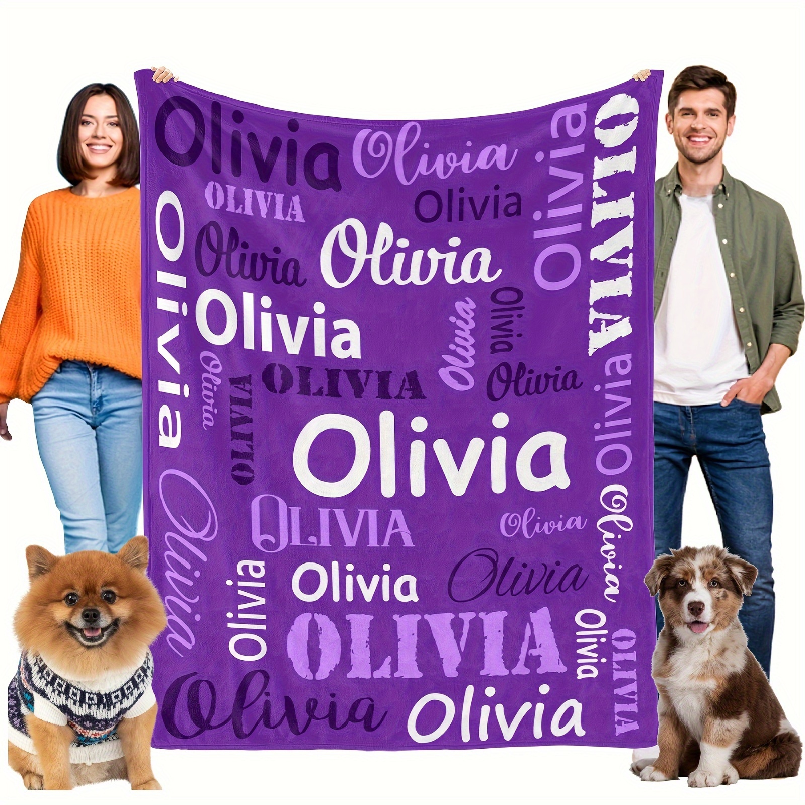 

1pc Personalized Pet Dog Flannel Blanket, Soft Dog Throw Blanket With Name, Custom Pet Dog Blanket For Bed Cage Couch, Warm Cushion Mat Sleeping Blanket, Purple