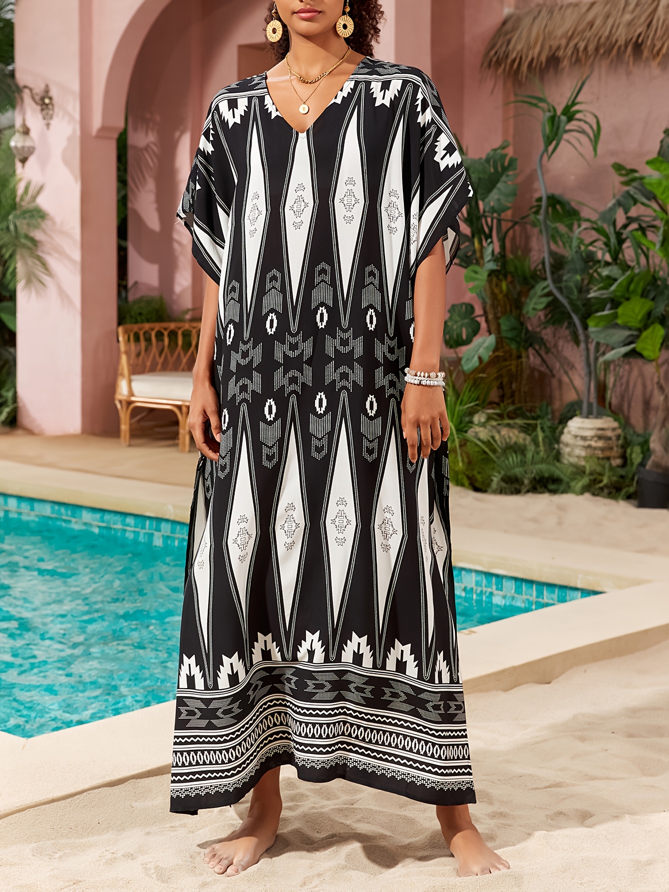 Boho V-Neck Beach Dress with Side Slit, Summer Geometric Pattern Viscose  Cover-Up, 100% Viscose Woven Fabric, Non-Stretch, Lightweight 108g/m -  Beachwear