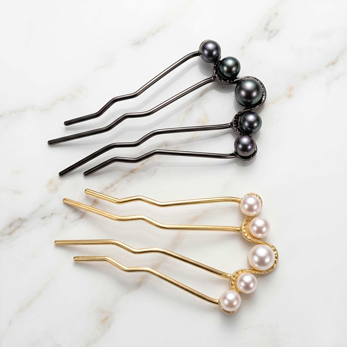 TEMU 2pcs Minimalist Metal Hair Fork Set, Vintage Wave U-shaped Hair Clip, Elegant Bun Styling Tool, Suitable For