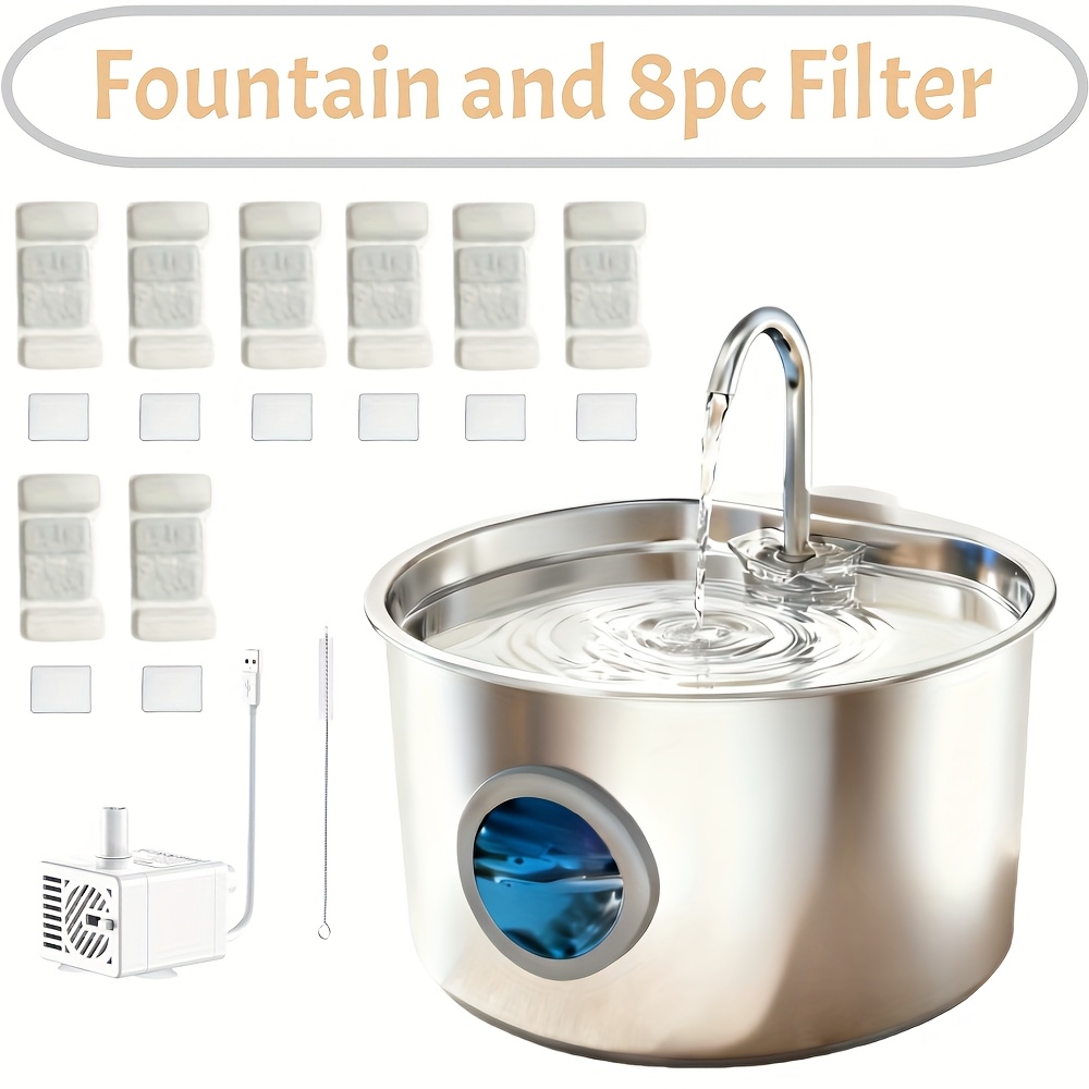 Cat Water Fountain Automatic 304 Stainless Steel, Extra Large Capacity Cat Fountain For Drinking - Dog Water Fountain For Inside, Water Level Window, Pump, Filtration Filter System
