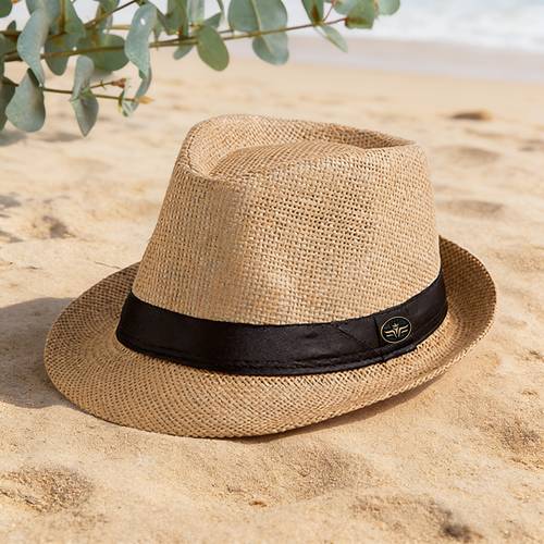 1pc brimmed hat solid color with metal badge straw hat mens british womens sun hat