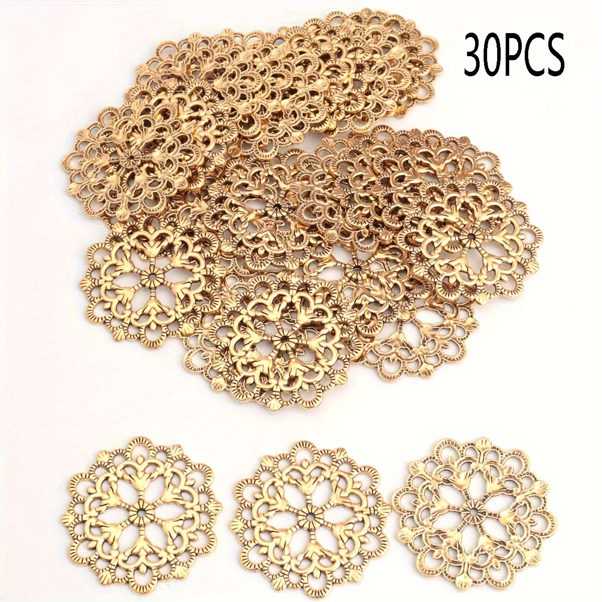 Image of 30pcs Round Openwork Textured Snowflake Tiles, 1.2 Inches, Alloy Material, Classic Silvery/classic Golden/bronze Openwork Lace Tiles, Round Openwork Textured Pendants, Christmas Ornaments For Making