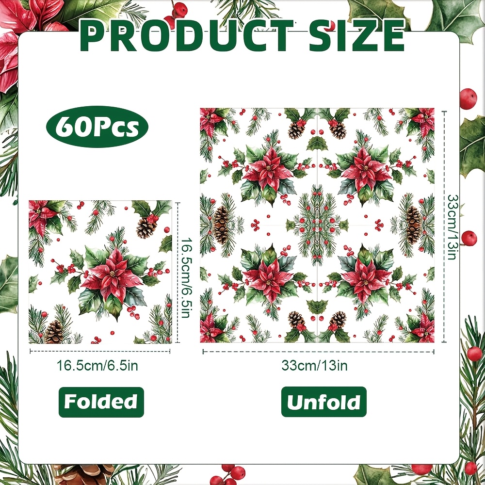 TEMU 20/40/60pcs Christmas Poinsettia Paper Napkins Red Flower, Holly, , And Disposable Paper Napkins For Xmas Winter Birthdays Party Decorations