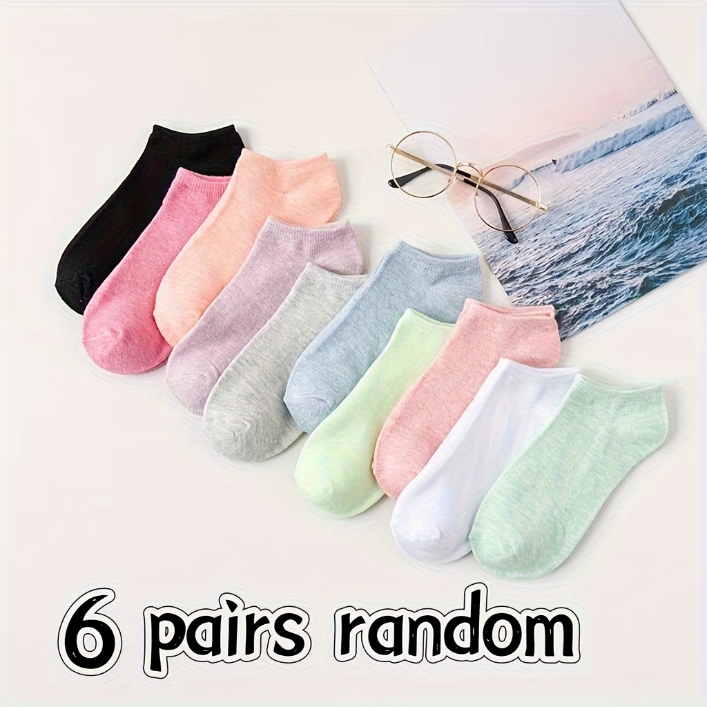 E-shop 6 Paar einfarbige klassische Damen-Knöchelsocken, atmungsaktiv bequem, für alle Jahreszeiten geeignet. Bonbonfarbene Kurzsocken, in zufälligen
