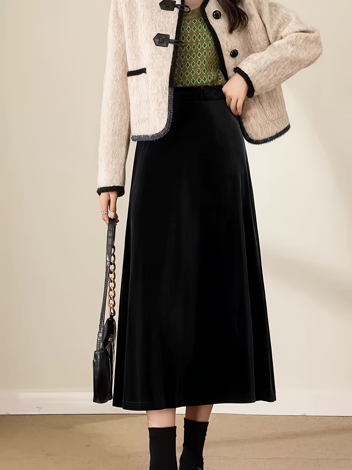 elegant velvet midi skirt women high waisted a line black Temu