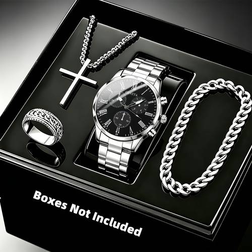 juego de 4 piezas de reloj de acero inoxidable de cuarzo para hombre de estilo casual de negocios con collar de cruz plateada, pulsera y anillo, regalo para hombres