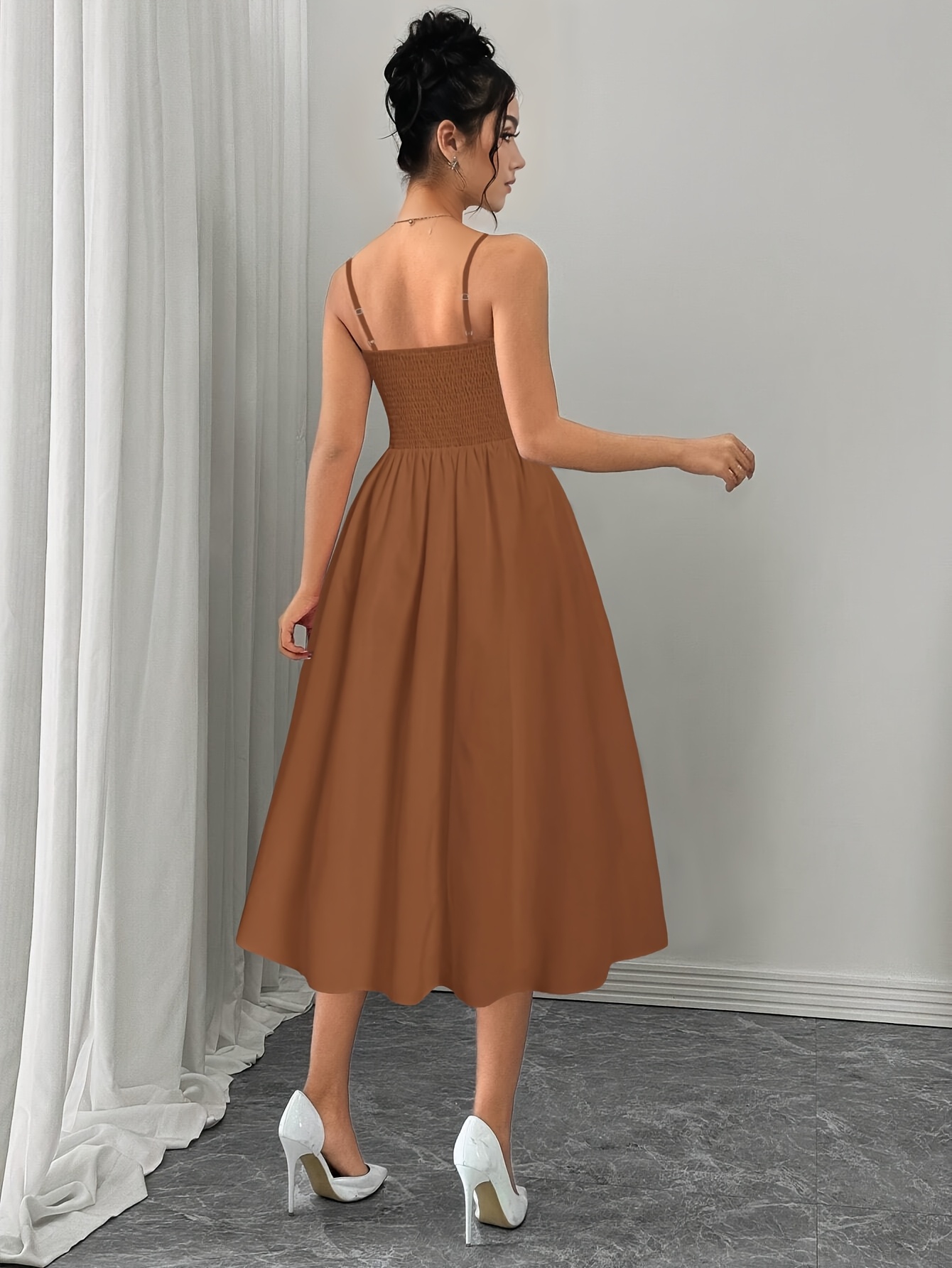 elegant shoulder brown dress women sleeveless a line flowy