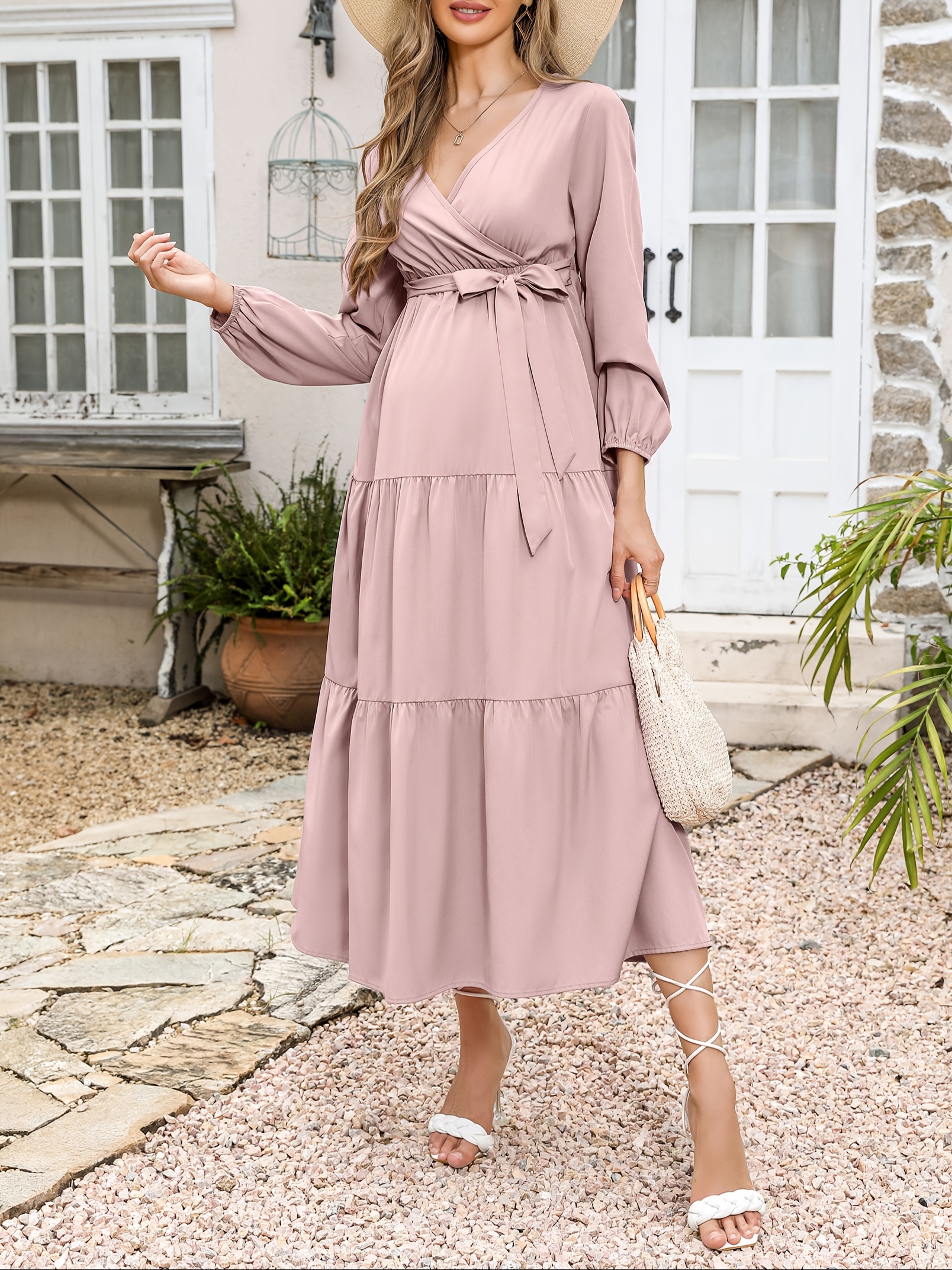 Elegant Floral Maternity Maxi Dress Women's V Neck Long Sleeve