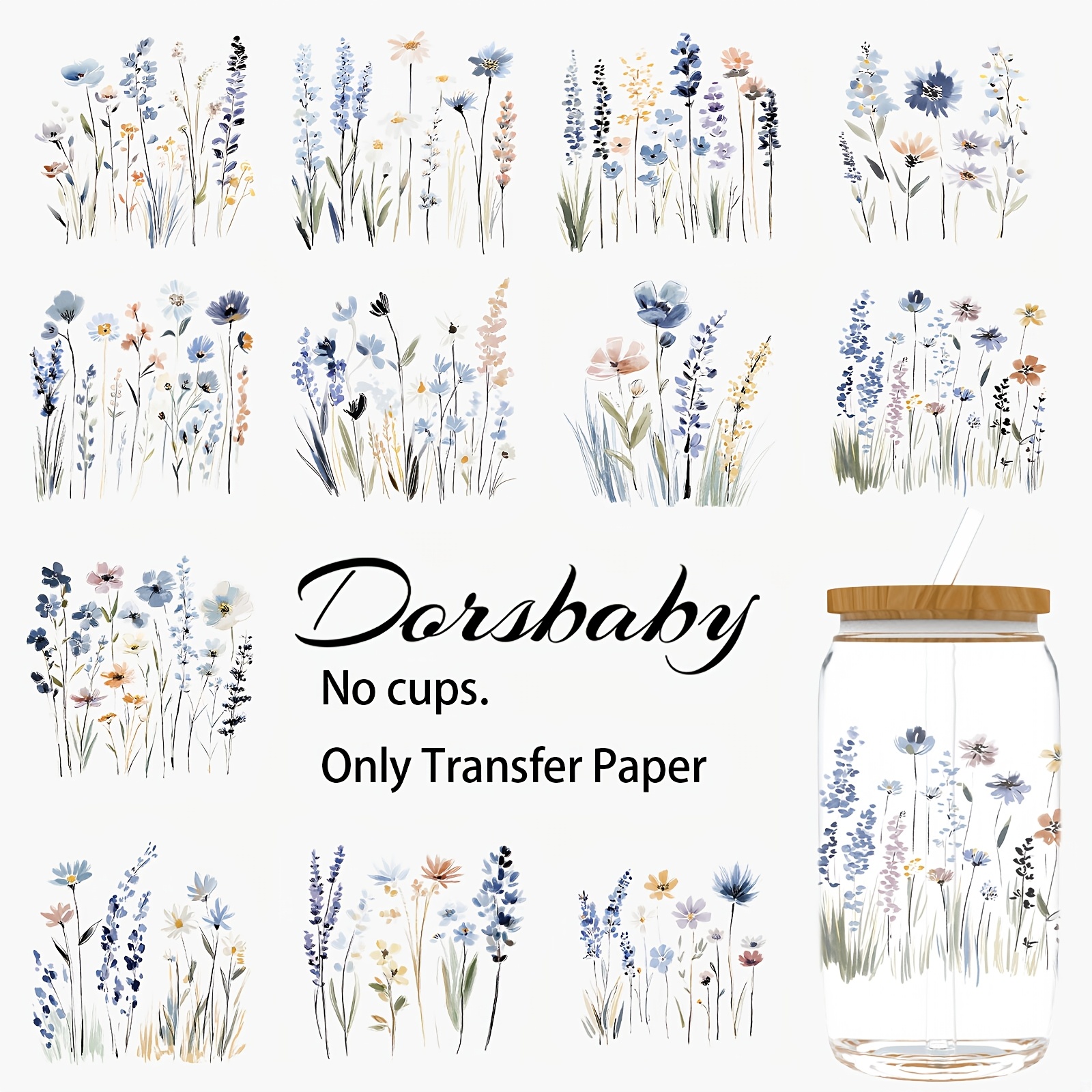 Image of 12pcs/set Watercolor Styl Uv Dtf Rub On Transfers For Gifting, Aesthetic For 16oz Glass Cups, Mugs & Journals, Creative Crafting Supplies For Decor, High Wraps ( Transfer Paper)