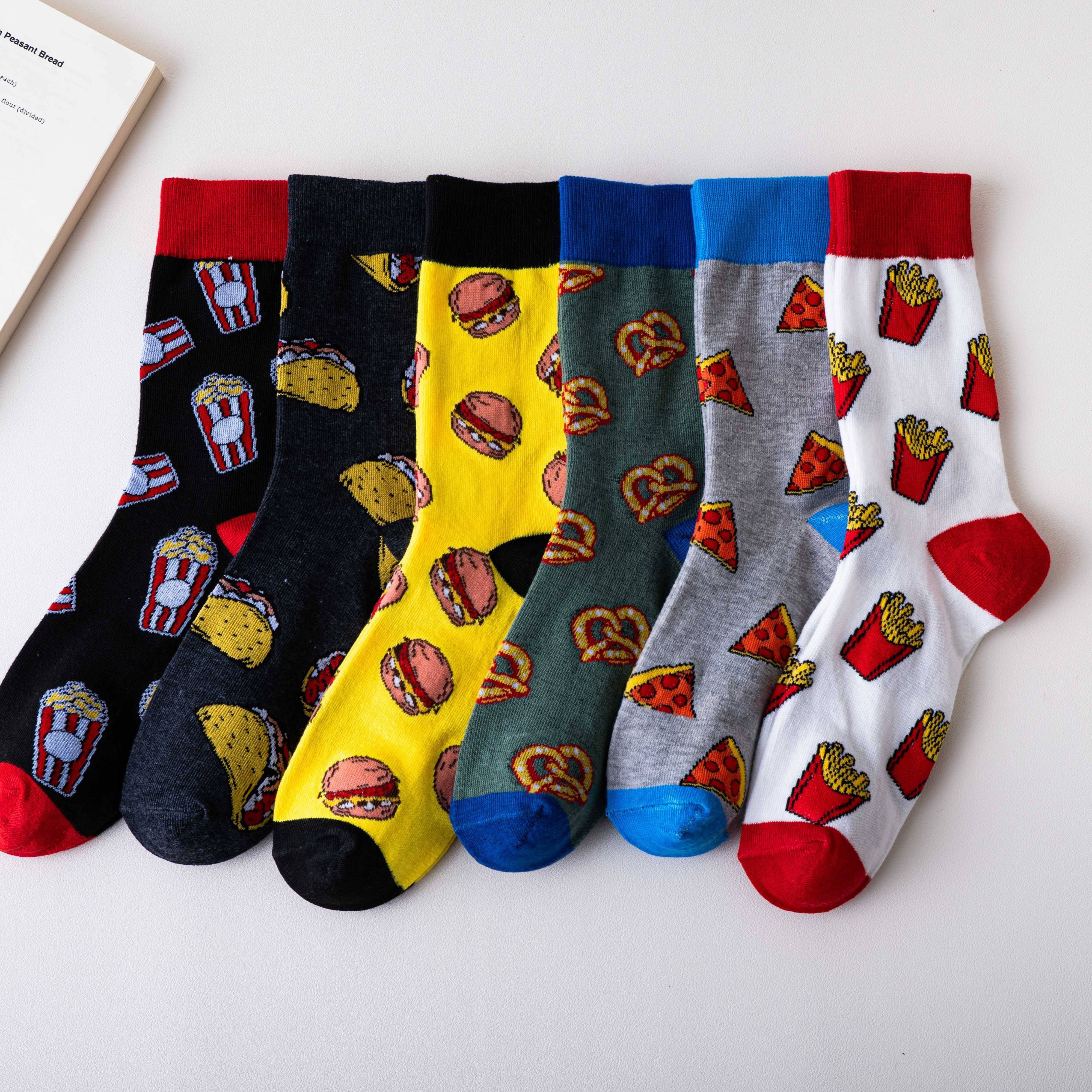 

6pcs Men's Long Crew Socks - Food-themed Prints, Comfy Polyester & Spandex , Fashion With Burger, Pizza, And Fries Patterns