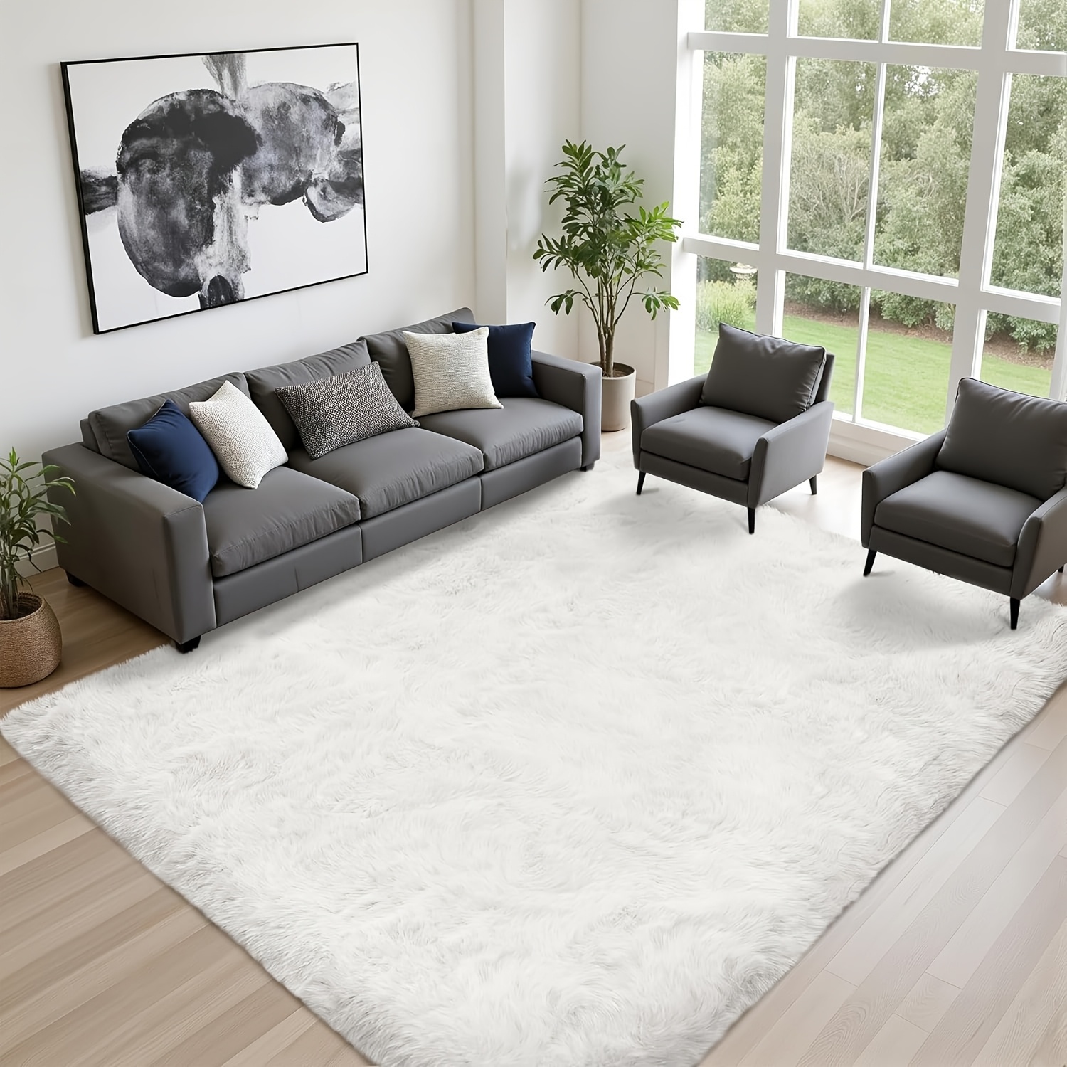 Image of 1pc Natural-style Minimalist Shag Rug, Made From Thick, Polyester Fabric, Durable, Plush And Dense, Pet-friendly, And Versatile. Includes 1 Rug And 4 Non-slip Pads.