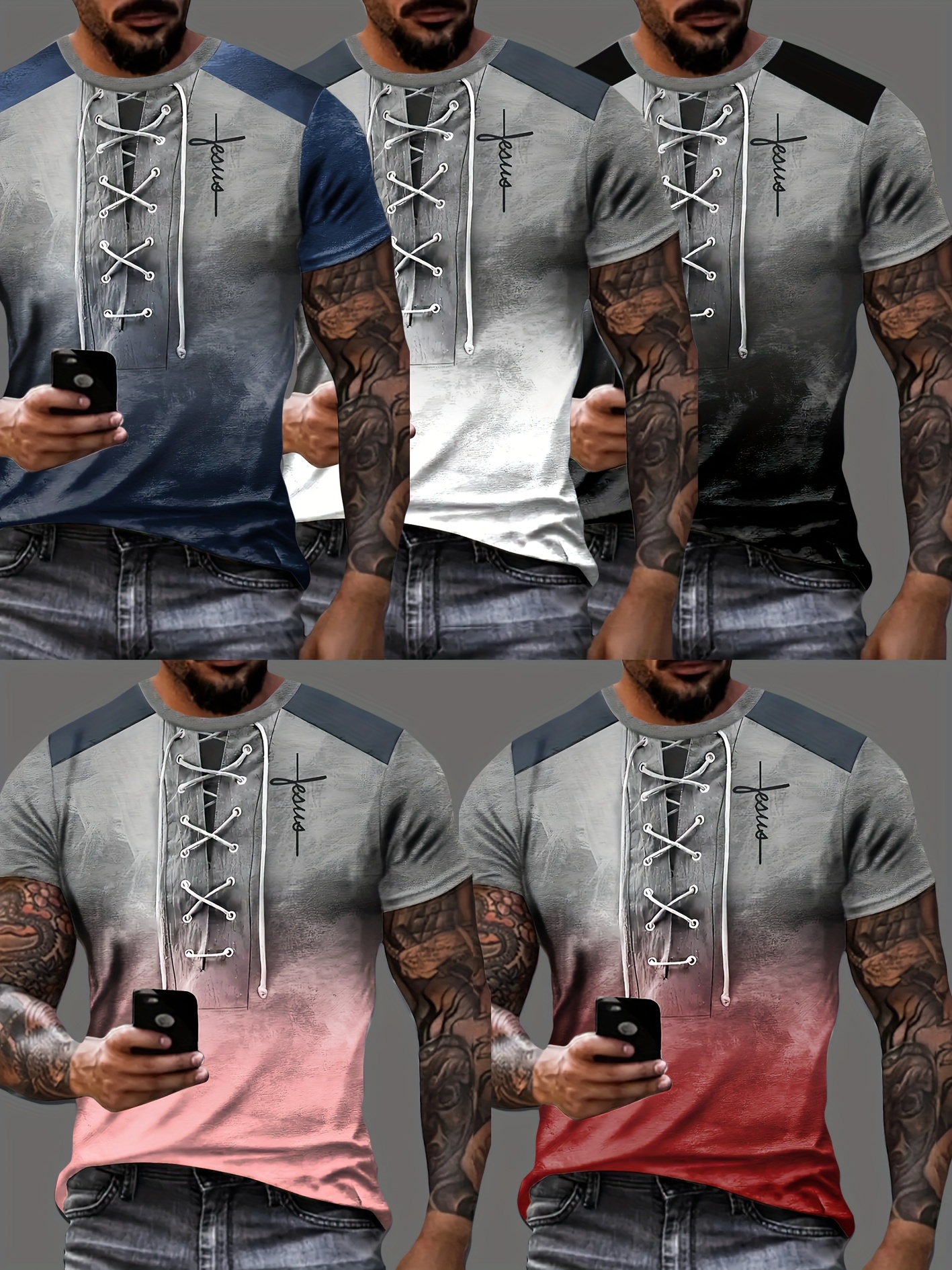 5pcs T-shirts Henry à manches courtes pour hommes, dégradé de couleurs, impression 3D, polyester, col rond, coupe décontractée, tricot extensible, pour l'été.