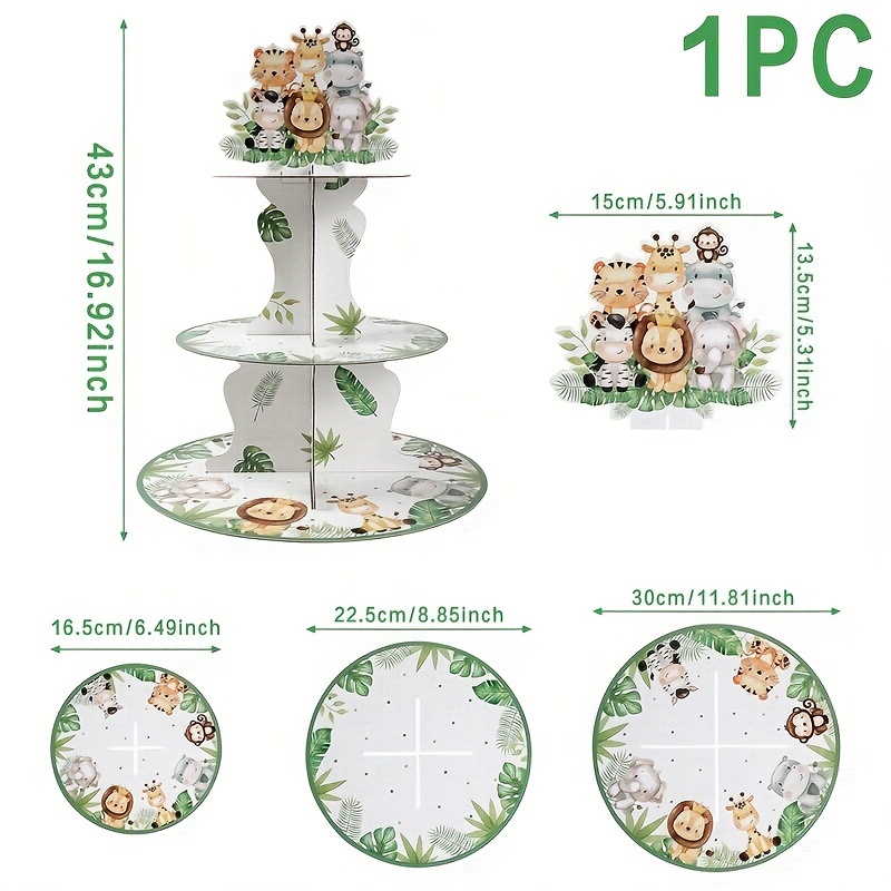 3-tier Jungle Animals Party Cake Stand, Cupcake Holder Dessert Display, Wild 1 1st Birthday Supplies, Happy Birthday Party Decorations