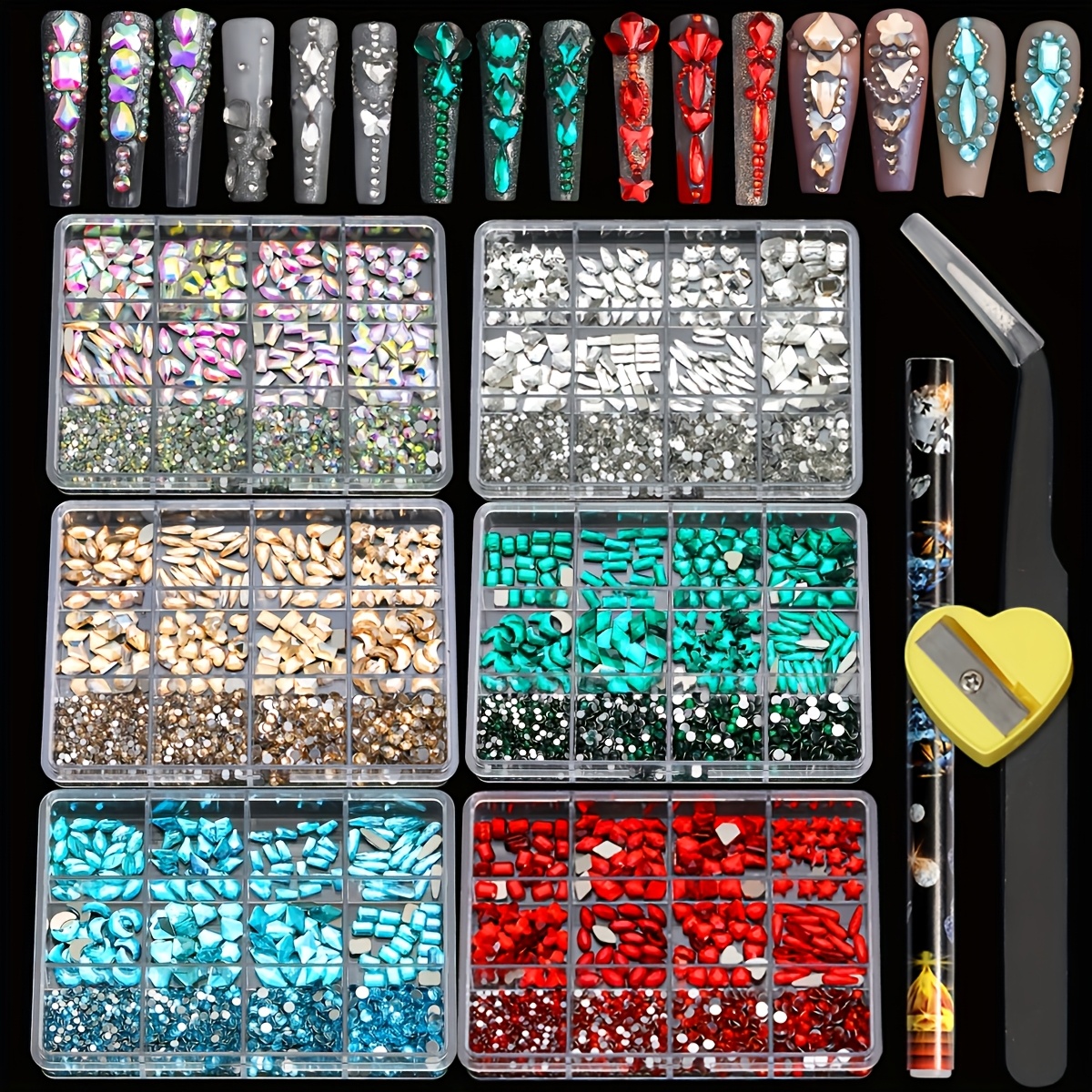 TEMU 12 Grid Multiple Mixed Shiny Glass Jewelry Round And Flat Set Decorative Box, Color Random White Accessory Set With Clay Drill Bit, Suitable For