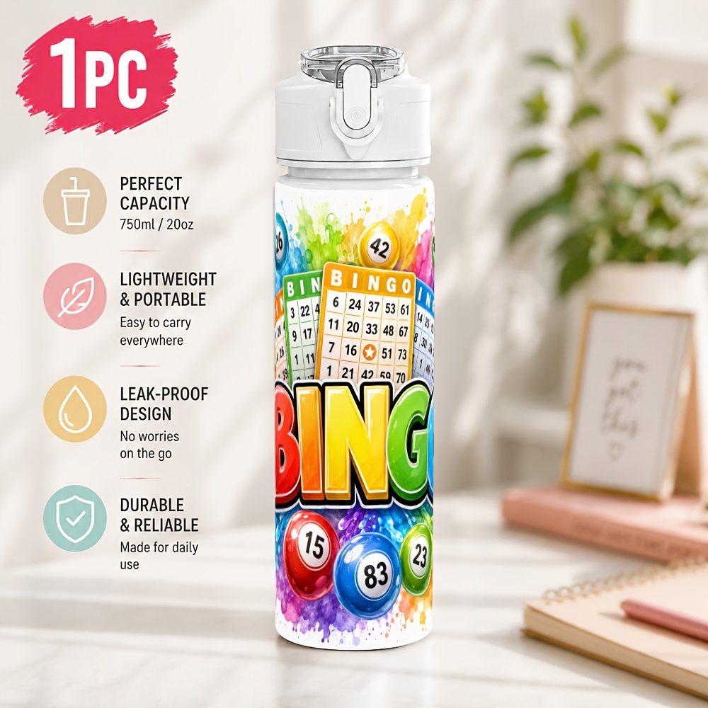 TEMU 1pc Bingo Game Plastic Leak-resistant Water Bottle, 750ml Sports Cup, Spill-resistant, With Open, Built-in Straw, Dustproof Lid, For Labor Day