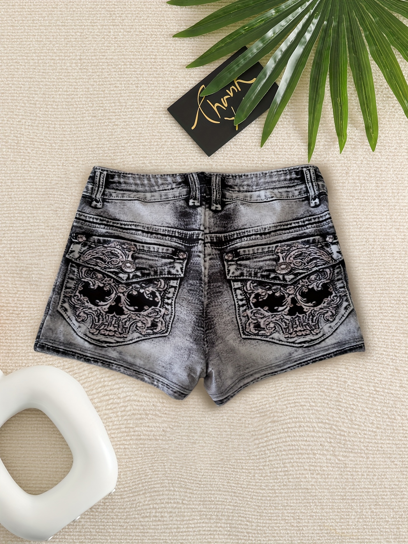 Easter Single Imitation Denim Print High-Waisted Women's Swim Shorts P0234