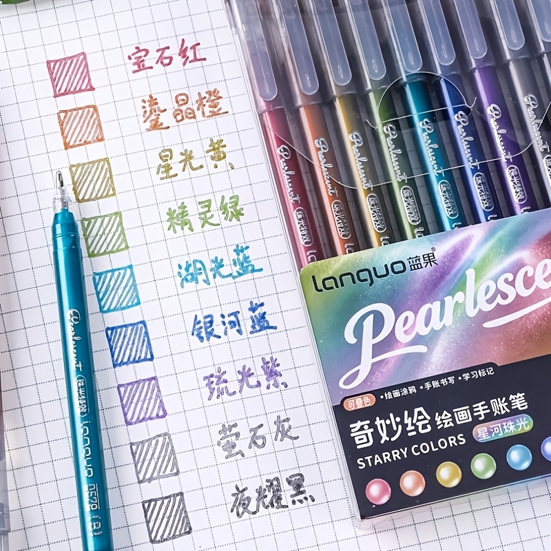 TEMU Languo New Pearlescent Gel Pen Set, 1.0mm Medium Tip Neutral Pen, Suitable For Painting, Graffiti, Adult Coloring, Note-taking, And Sketching.