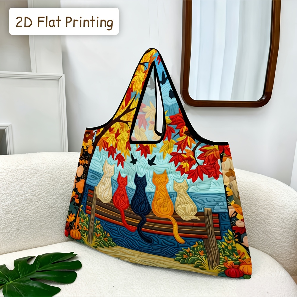 TEMU 2d Flat Printing, 1pc Foldable Tote Bag, Colorful Autumn Cats Decorative Art Quilted Printed Tote Bag, Soft-shouldered, Hand-held, Reusable,