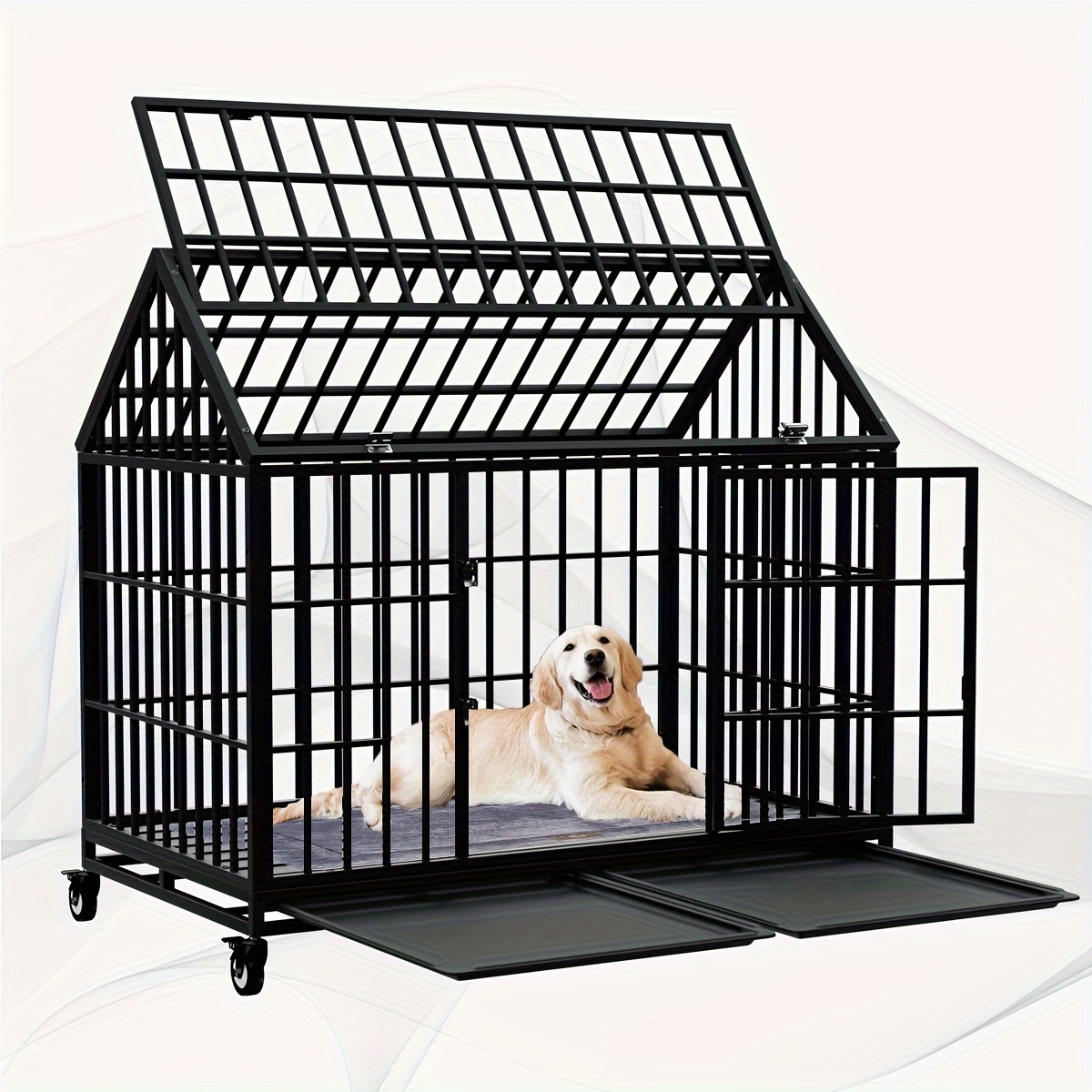 

54/48 Inch Heavy Duty Dog Crate Large Dog Cage Strong Metal Dog Kennels And Crates For Large Dogs Top Open With Wheels 2 Removable Trays