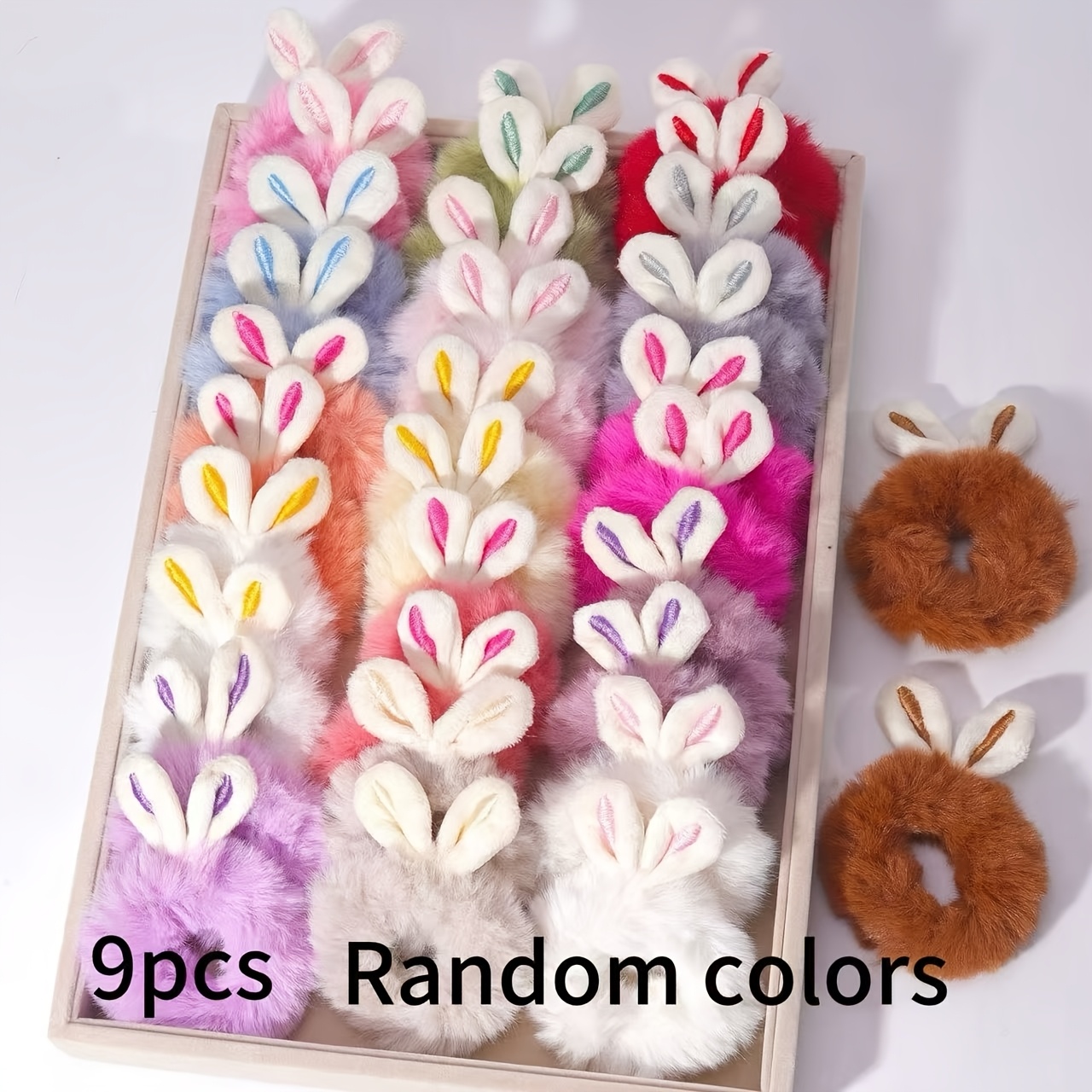 Image of 9pcs Random /winter Plush Scrunchies For Women, Korean Style Candy-colored Sweet And Ties, Plush Bunny Ear Hair Accessories For Buns