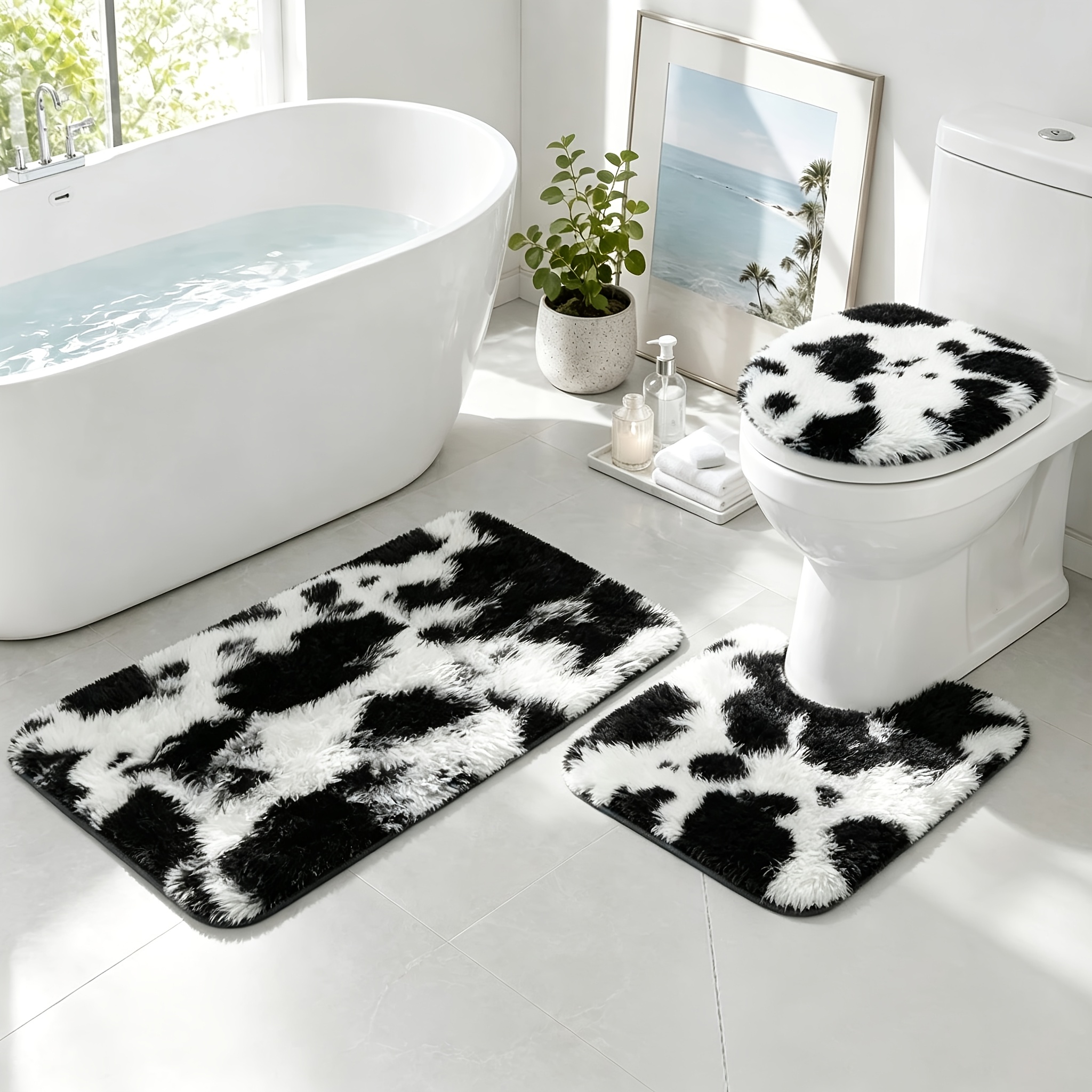 Image of Cattle Tie Dye Toilet Mat 3pcs Long Plush Carpet Anti-slip Foot Mat Soft And Comfortable Soundproof Carpet Bathroom Absorbent Runner Mat