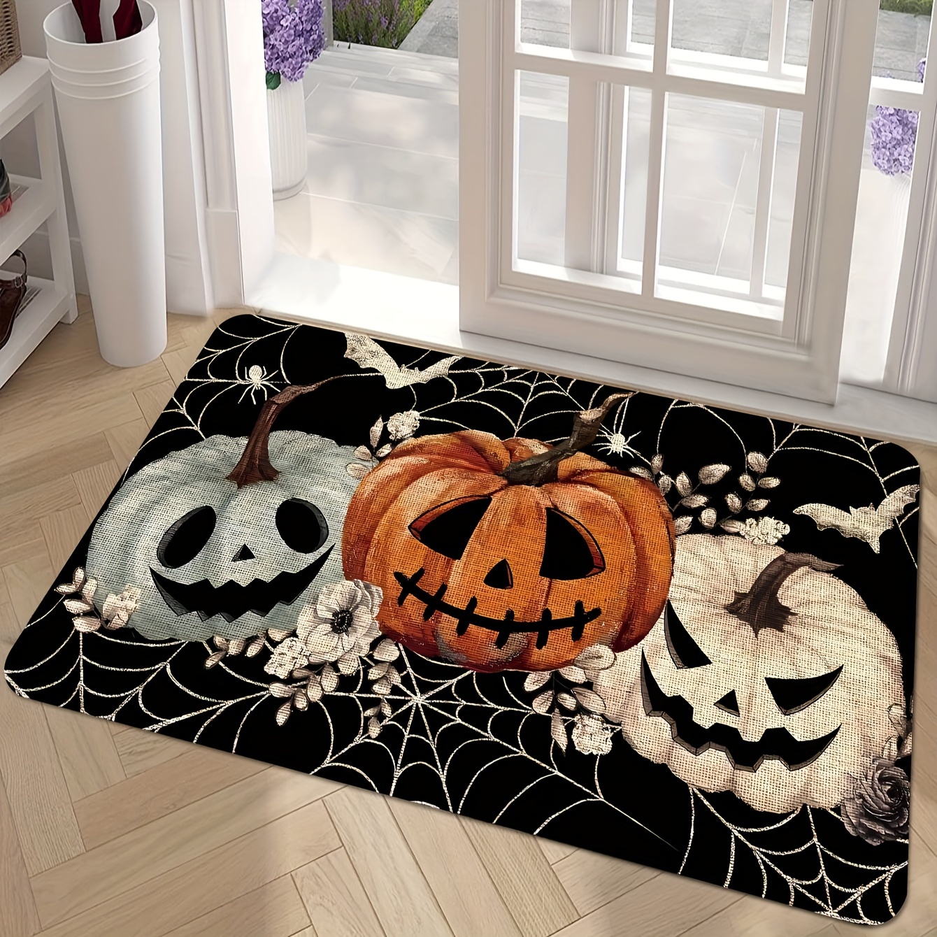 

1pc Polyester Doormat, Black Pumpkins Spider Web Design, Scary Spooky Decorative Front Door Mat, Indoor/outdoor Non-slip Rubber Backing, Rectangular, Machine Washable, Home & Kitchen Floor Decoration