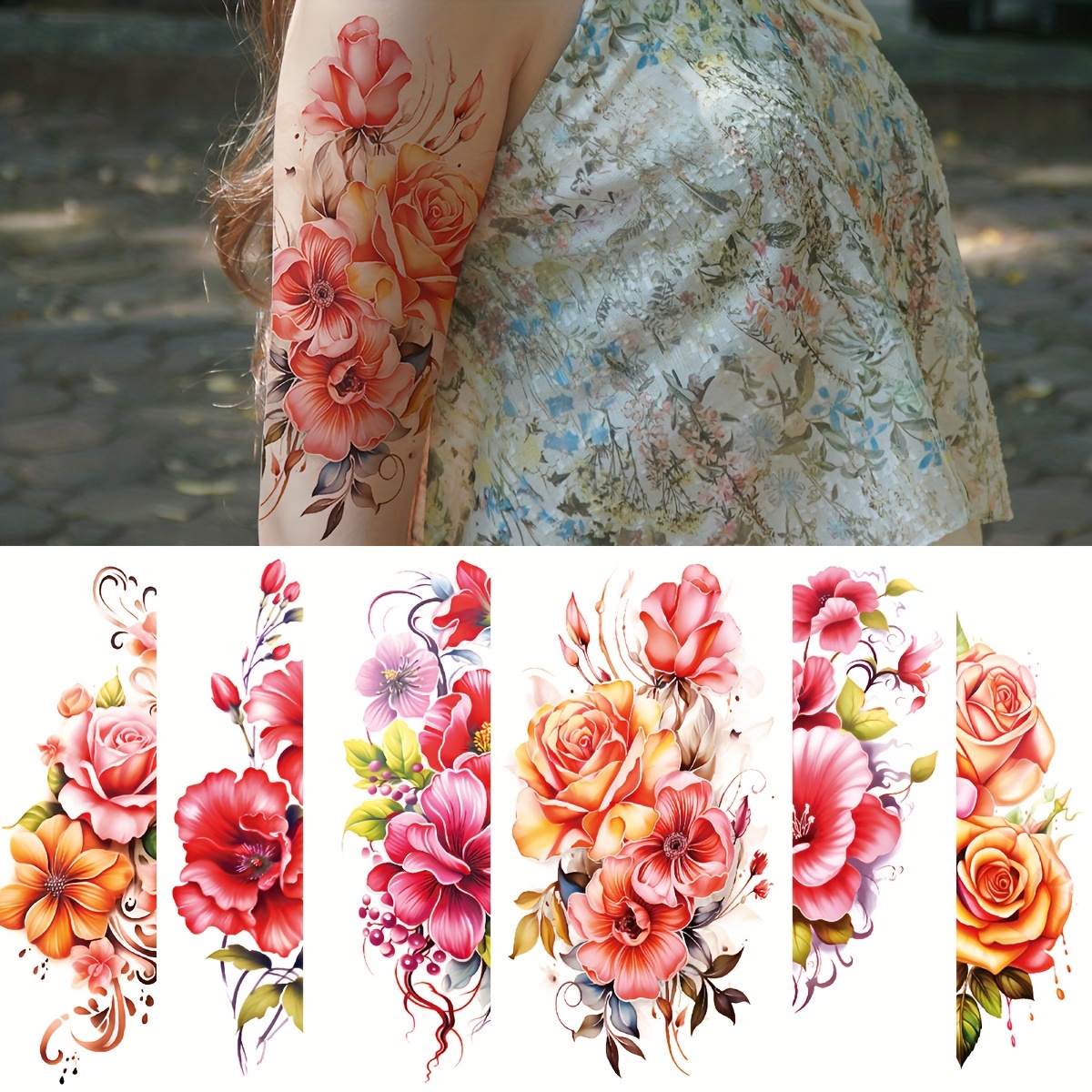 

6pcs/set Waterproof Colorful Blooming Flower Patterns Temporary Tattoo Stickers Half Arms Makeup Lasting 3-7 Days