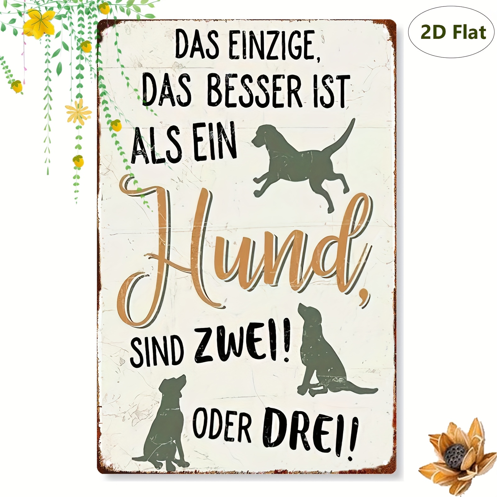 E-shop 2D Flache, robuste Metall Wandkunst Aufsteller - "Das bessere als ein Hund ist zwei oder drei!" mit verspielten Hundsilhouetten, 20.32X30.48 Cm,