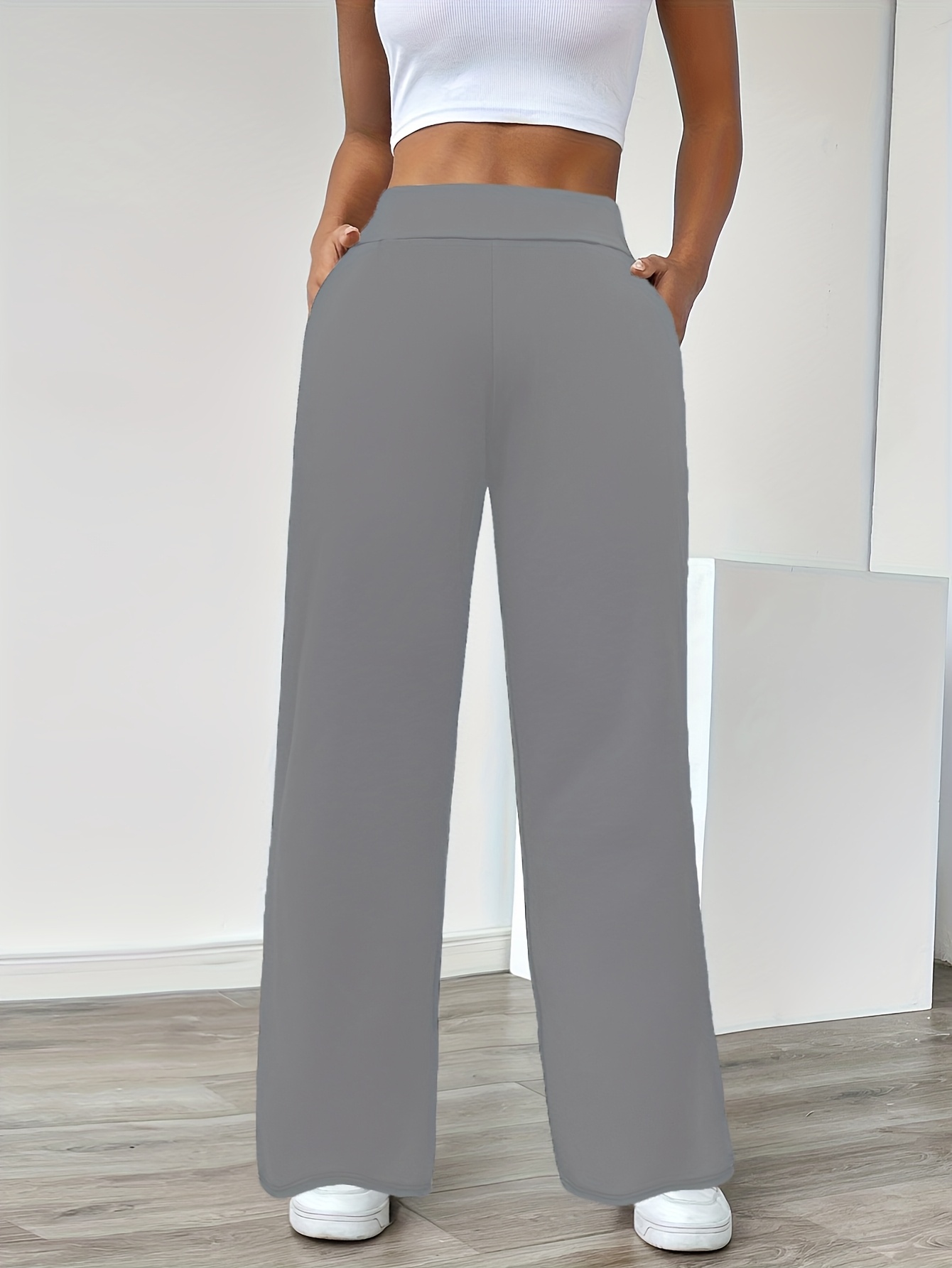 in stock versatile solid color stretch straight leg pants